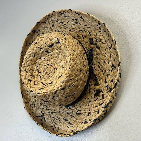 Handmade Womens M/L Woven Straw Hat with Navy Accents Beach Travel Vacation main image 4